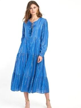 Oliphant Rio Long Sleeve Metallic Striped Blue Cotton Maxi Dress Size L